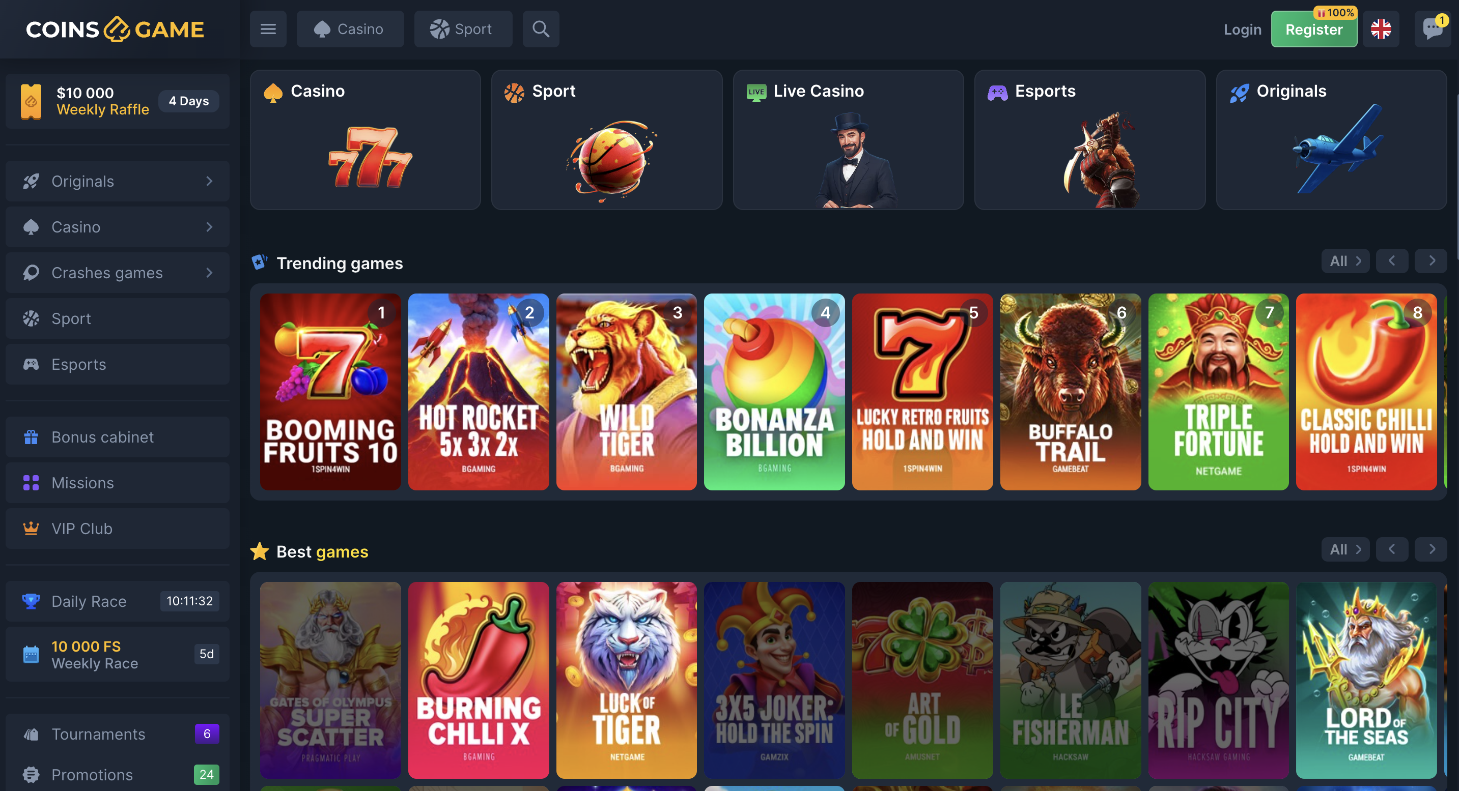 Coins.Game casino lobby — slots, originals and live dealer games