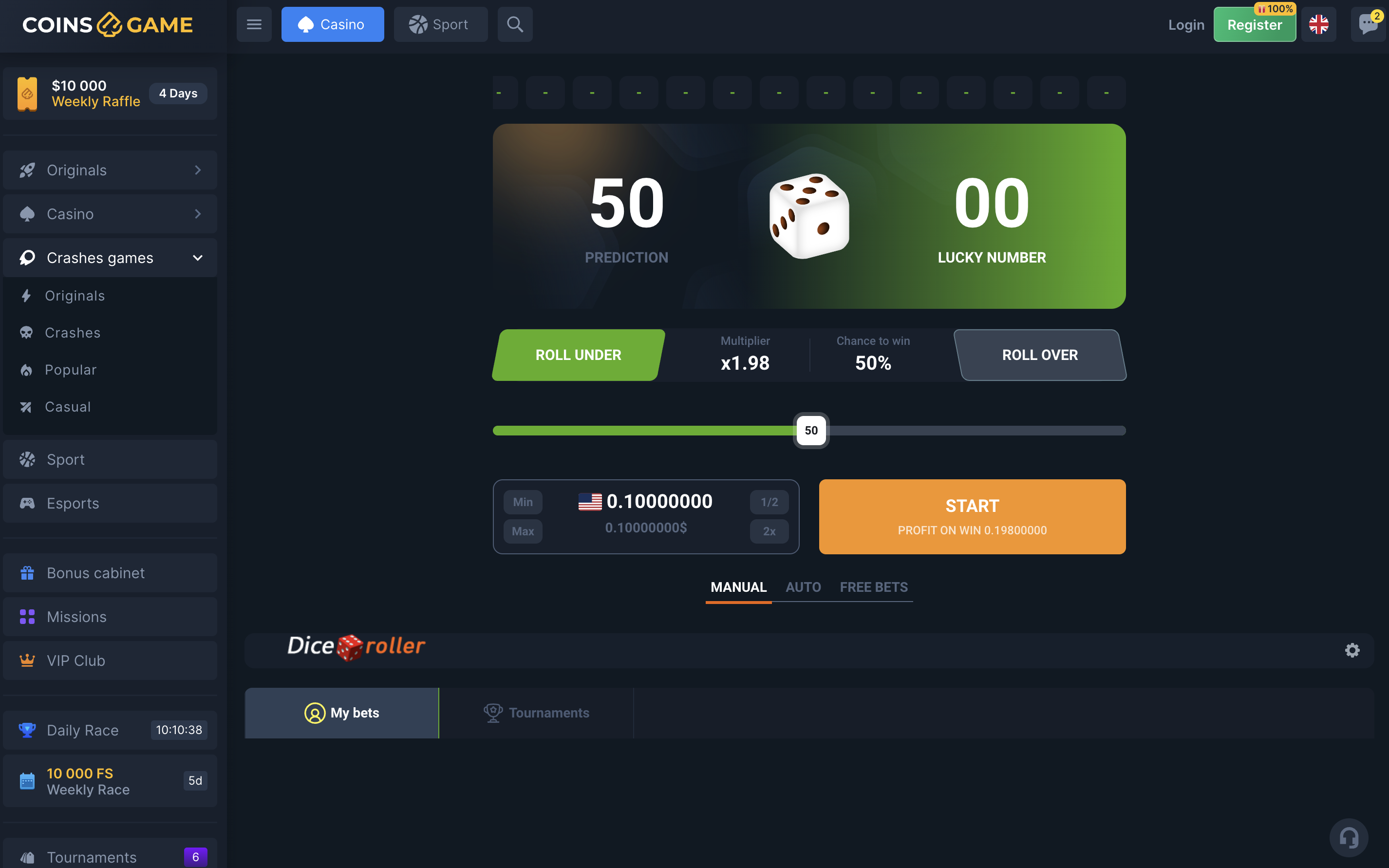 Coins.Game Dice Roller game interface — mobile-friendly design