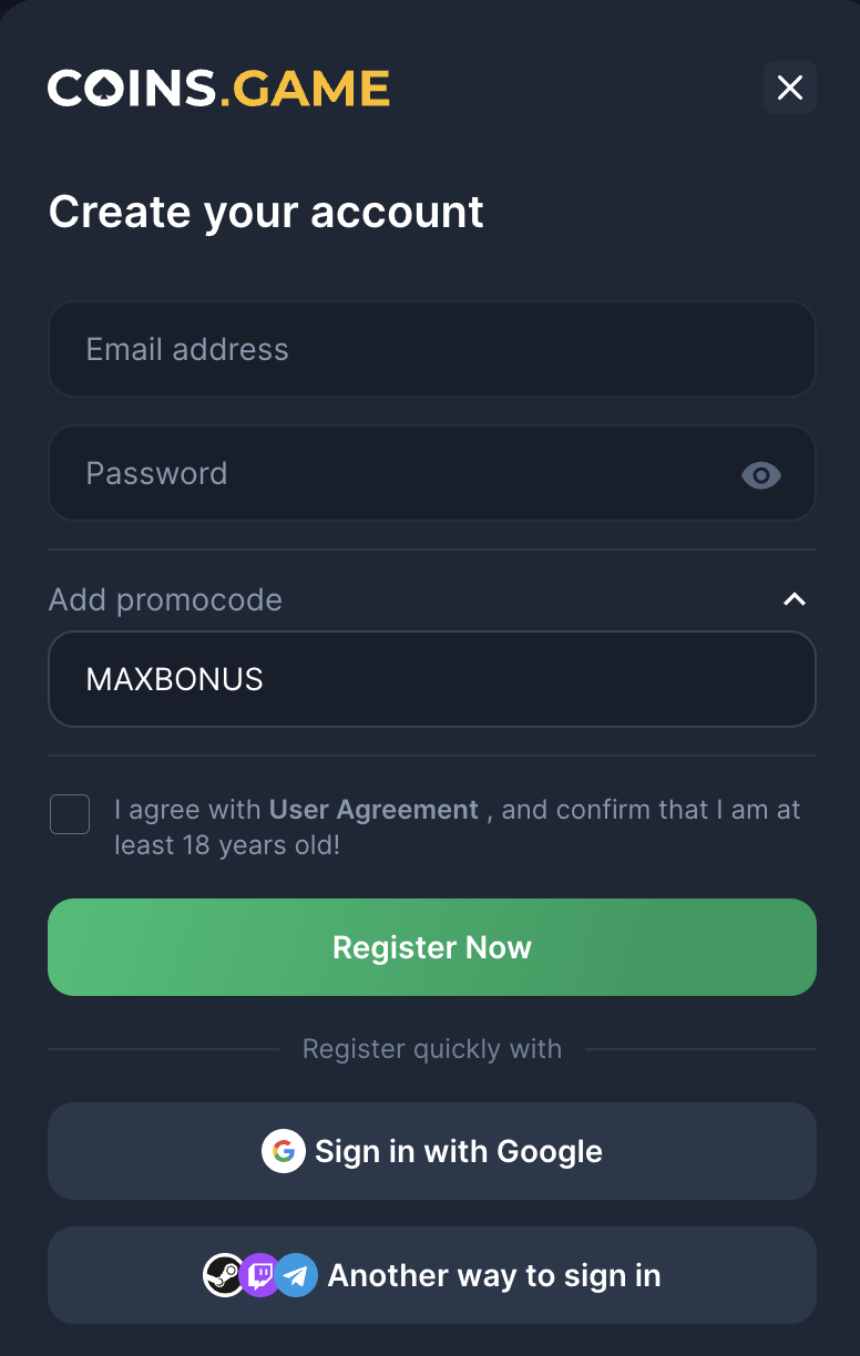Coins.Game registration form showing MAXBONUS promo code field